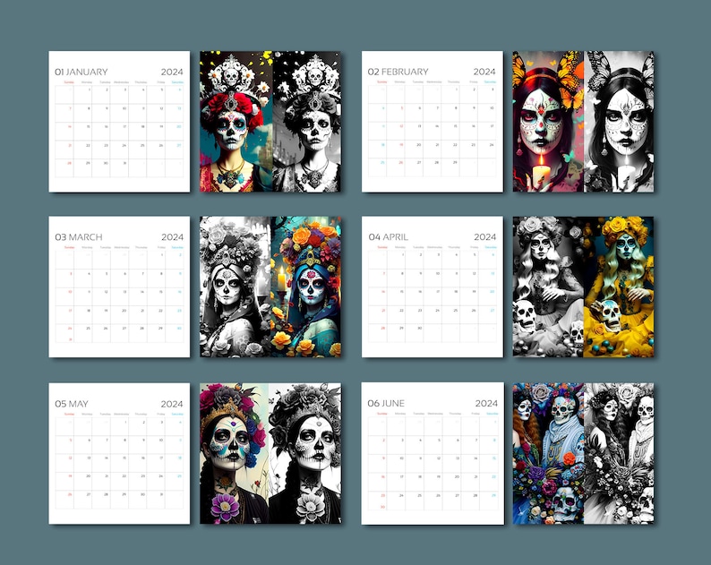 2024 Calendar Wall Calendar 2024 Skull Calendar Sugar Etsy Israel