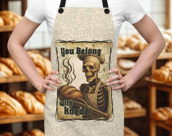 You Belong With Knead Apron, Personalize Starter Name, Gothic Skeleton Baker Apron, Funny Sourdough Bread Pun Swift Fan Parody Kitchen Gift
