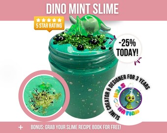 mint choc chip, slime, thick glossy slime, boba beads, boba slime, birthday gift, asmr slime, dinosaur gifts, gifts for kids, dinosaur party