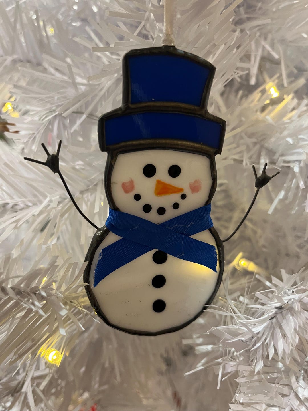 Stained Glass Snowman Christmas Tree Ornament With Blue Hat - Etsy