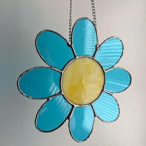 Blue Stained Glass Flower Suncatcher 8”