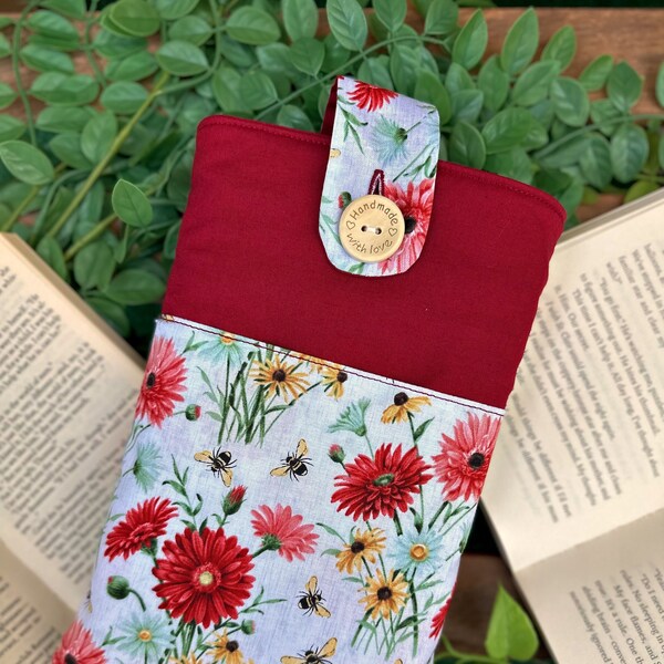 Red Floral Book sleeve, Kindle sleeve, ereader sleeve, bible cover, book protector, ipad sleeve, floral book sleeve, book cover, book sleeve