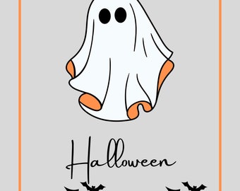 May include: A white ghost with two black eyes, the word "Halloween" in black script, and a black silhouette of bats flying against a gray background.