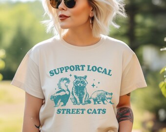 Support Your Local Street Cats Graphic Tee Funny Raccoon Possum Skunk T-Shirt Vintage Retro Animal Graphic Gift Neighborhood Cat Feeder Tee