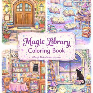 Könnte beinhalten: Eine Illustration für ein "Magic Library Coloring Book" mit verschiedenen Szenen. Dargestellt sind ein Bibliothekeingang, schwebende Bücher, eine lesende Eule und eine Katze mit Hexenhut. Die Farben sind in Pastelltönen gehalten.