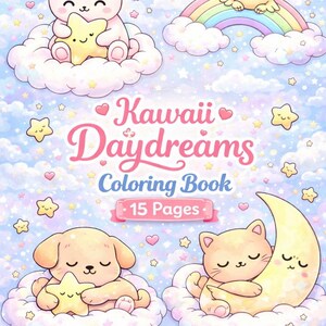 Può includere: Un libro da colorare intitolato "Kawaii Daydreams" con illustrazioni di simpatici animali su nuvole, arcobaleni e stelle. La copertina presenta un coniglietto, un pulcino, un cucciolo e un gatto, tutti con gli occhi chiusi, che tengono stelle. Il libro ha 15 pagine.
