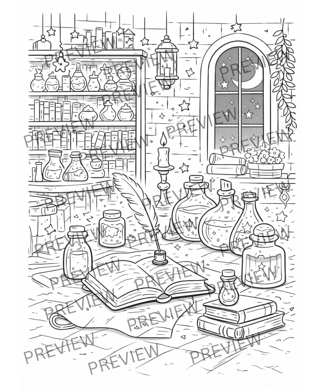 Kids' Magic Library Coloring Book – Witchy Fantasy Scenes (PDF Pattern ...