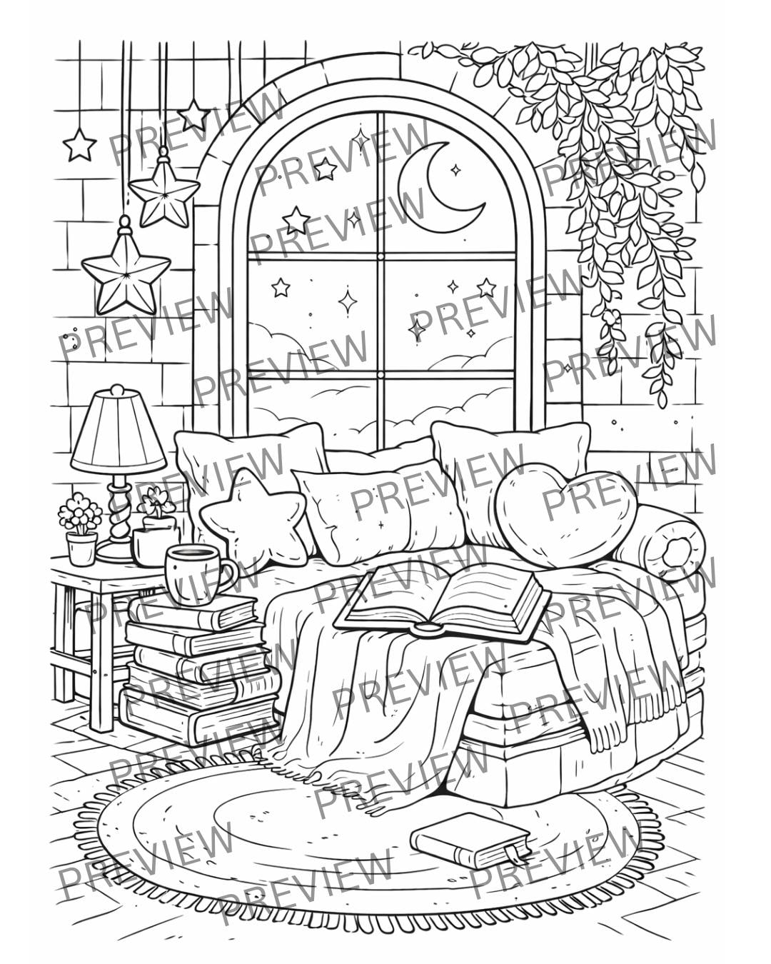 Magic Fantasy Coloring Pages for Kids – Cozy Library & Cute Witch ...
