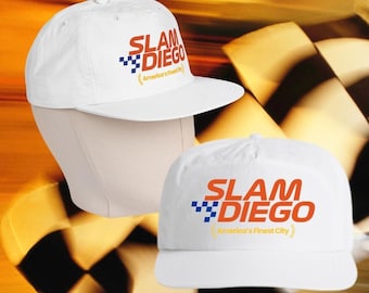Slam Diego Retro Race Hat | Padres-Inspired Vintage 80s Cap | White AS Colour Surf Cap | Quick-Dry Snapback | San Diego Baseball Hat