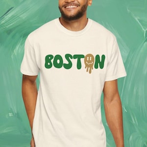 Boston Celtics Inspired T-Shirt | Groovy Font Boston Comfort Colors Tee | Smiley Face Shirt | Celtics Basketball Fan Gift | Vintage Apparel