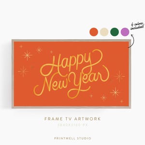 May include: A framed print with a red background and gold lettering that says "Happy New Year". The print has a wood frame and is surrounded by small gold stars.