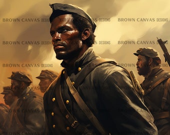 May include: A painting of a group of soldiers in uniform, with one soldier in the foreground looking to the left. The soldiers are wearing dark blue uniforms with gold buttons and a white strap across their chests. The background is a muted yellow and brown.