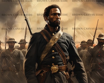 May include: A painting of a Black soldier in a blue uniform with a brown leather belt and a large metal buckle. He is holding a rifle and looking to the right. There are other soldiers in the background.