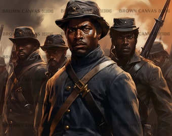 May include: A group of five men in military uniforms, wearing hats, stand in a line. The men are all African American and have serious expressions on their faces. The men are wearing blue uniforms with brown leather straps and belts. The background is a blurry image of a sunset.