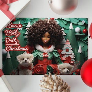 African American Doll & Puppies Christmas Cards - Have a Holly Dolly Christmas! - Greeting Cards in 4 Quantities and 4 Finishes