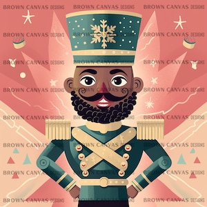 May include: A green and gold toy soldier with a black beard and mustache. The soldier is wearing a green hat with a snowflake on top. The background is pink with white stars and snowflakes.