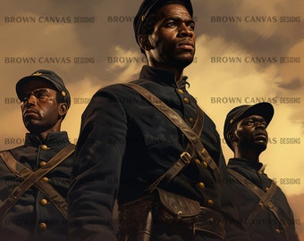 May include: An artistic rendering of three Black soldiers in dark blue uniforms and caps, with brown leather straps and gold buttons. The background is a warm, golden sky. The text "BROWN CANVAS DESIGNS" is repeated across the image.