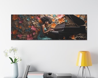 May include: A woman plays a black grand piano in front of a wall of colorful paper flowers. The flowers are in shades of pink, orange, yellow, and blue.