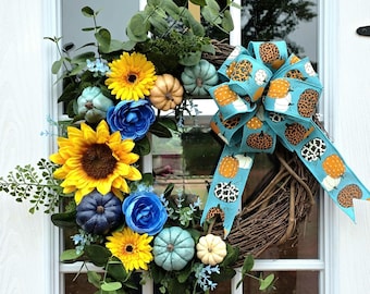 Autumn Sunflower Thanksgiving Wreath | Fall Pumpkins Door Hanger