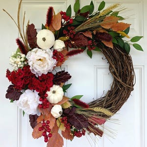 Red Fall Hydrangea Wreath | Thanksgiving Harvest Front Door Hanger