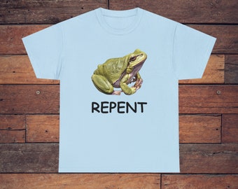 May include: Light blue t-shirt with a green frog and the word "REPENT" printed in black.