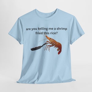 May include: A light blue t-shirt with the text "are you telling me a shrimp fried this rice?" and a picture of a shrimp holding a frying pan.