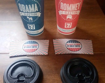 2012 Barack Obama & Mitt Romney 7/11 Cups with heat sleeves and lids (collectors items)