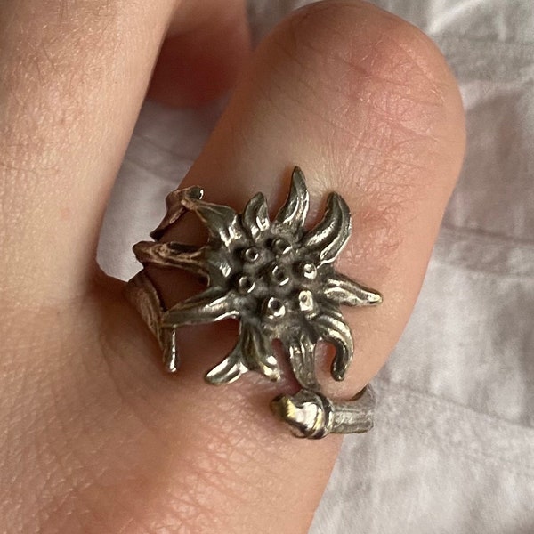Beautiful swirled flower face ring handmade from a vintage EPNS silver teaspoon sunflower