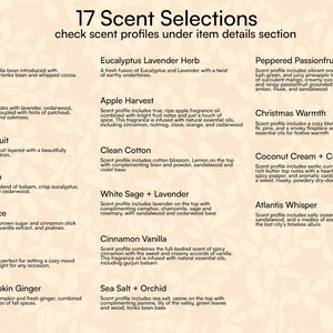 17 candle scents like vanilla bean, sea breeze, pink grapefruit, fresh balsam, comfort spice, spiced pumpkin ginger, eucalyptus lavender herb, apple harvest, clean cotton, white sage-lavender, cinnamon vanilla, sea salt-orchid, christmas warmth