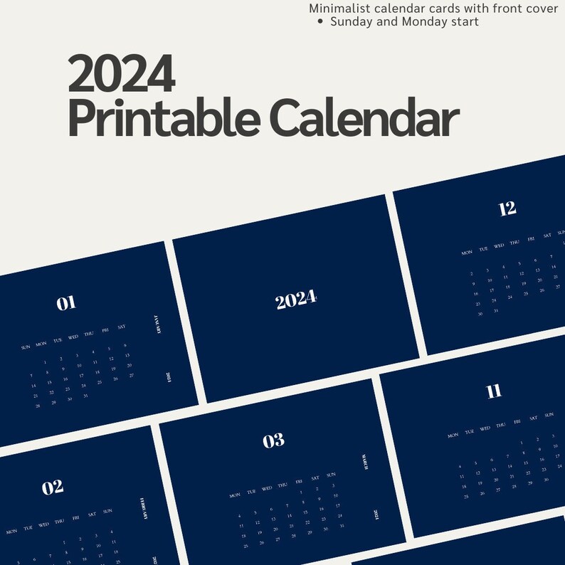 Printable Calendar 2024 Aesthetic Dark Blue Letter Size Etsy