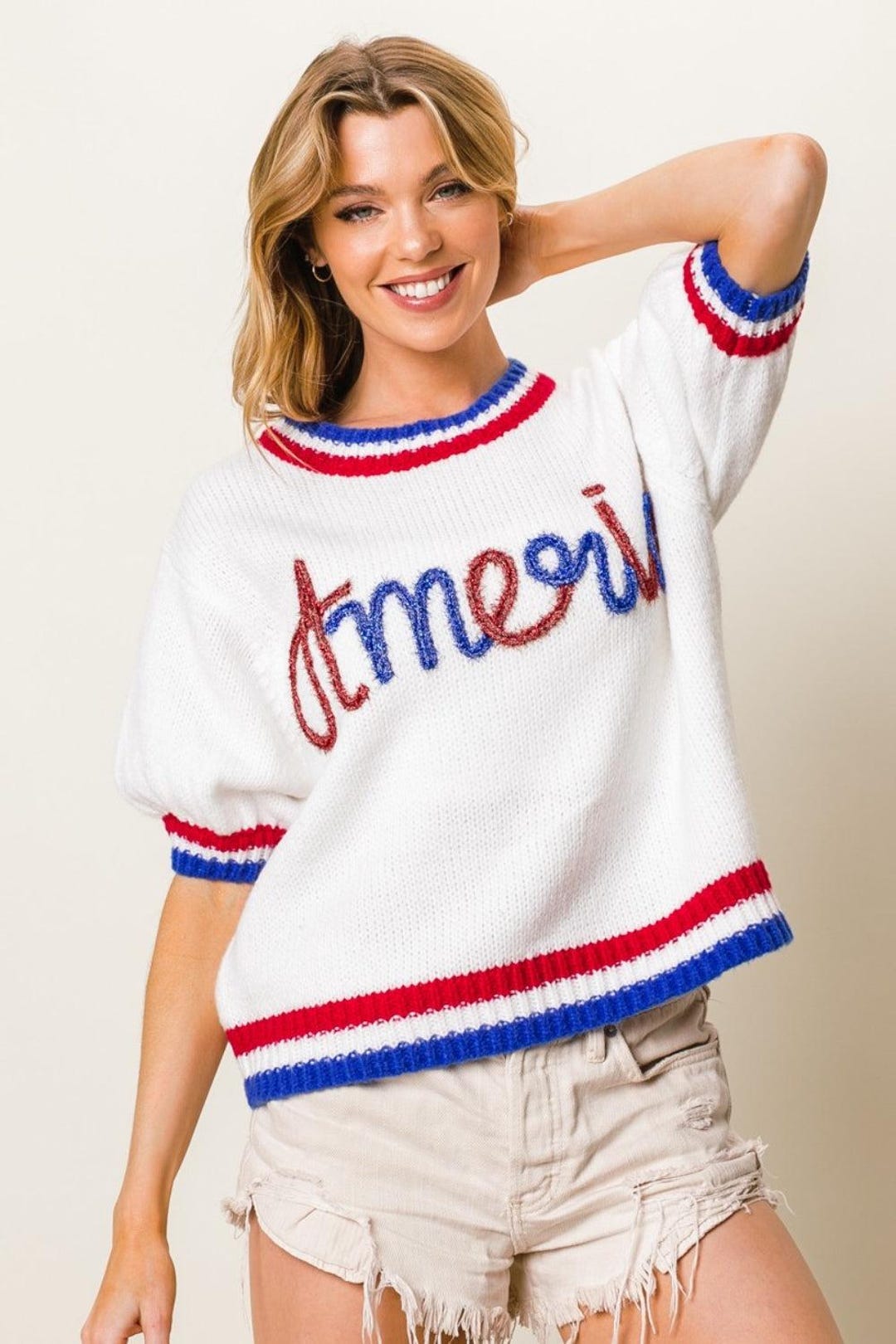 BiBi Metallic Letter Puff Sleeve Hairy Sweater