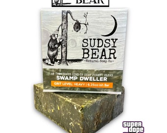 New! SUDSY BEAR "Swamp Dweller" Al Natural Soap Bar With Free Burlap Bag And Sticker!