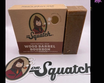 New Dr Squatch "Wood Barrel Bourbon" 1/3 Size Sample Bar with Dr Squatch Glossy Sticker and Burlap Bag!