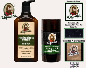 New! Dr Squatch PINE TAR Lotion And Deodorant Set With Dr Squatch Sticker, Burlap Bag and Mini Sample Bar!