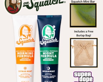 Brand New! Dr. Squatch TOOTH PASTE Set with Dr Squatch Sticker, Burlap Bag and Mini Sample Bar !