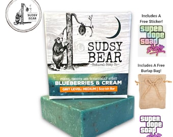 New! Sudsy Bear "BLUEBERRIES And CREAM" Premium Soap Bar With Free Sticker And Burlap Bag!