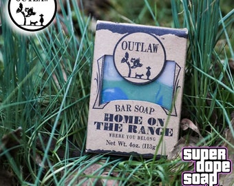 New! Outlaw Soaps Home On The Range! Premium Fresh Cut Grass And Blackberry Smelling Soap! With Free Bag And Sticker!