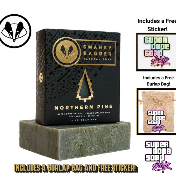 New! Swanky Badger NORTHERN PINES Premium Soap With Free Sticker And Burlap Bag!