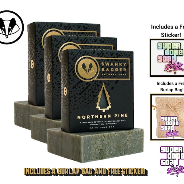 3 New! Swanky Badger NORTHERN PINES Premium Soap With Free Sticker And Burlap Bag!