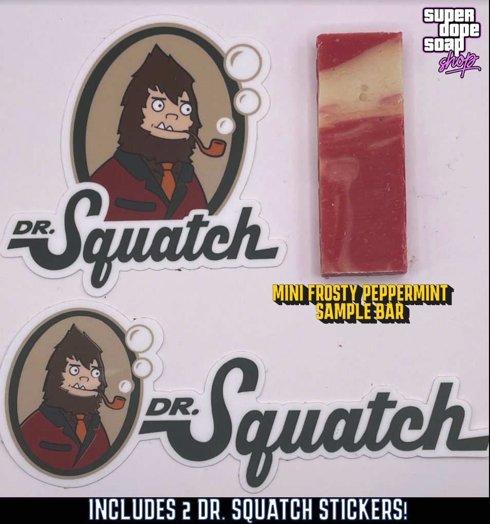 2 New Dr Squatch Premium Stickers With A FROSTY PEPPERMINT Limited Edition  Sample Bar 