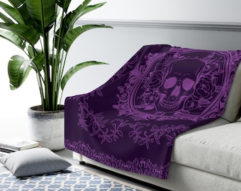 Purple Goth Skull Blanket: Botanical Decor, Velveteen or Sherpa