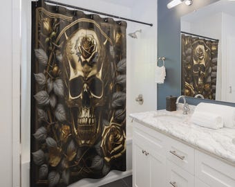 Gothic Skull Shower Curtain: Black & Gold Floral Design