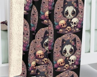 Manta de peluche con calavera de gato gótico – Decoración espeluznante de Halloween gótica
