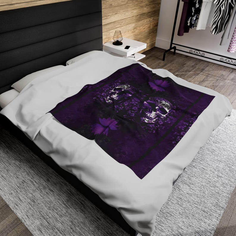 Elegant Gothic Skull Throw Blanket: Purple & Black Velveteen or Sherpa Fleece image 4