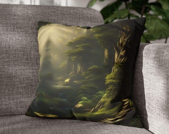 May include: A throw pillow with a forest scene printed on it. The pillow features a lush green forest with tall trees and a stream running through it. The background is a soft, hazy light.