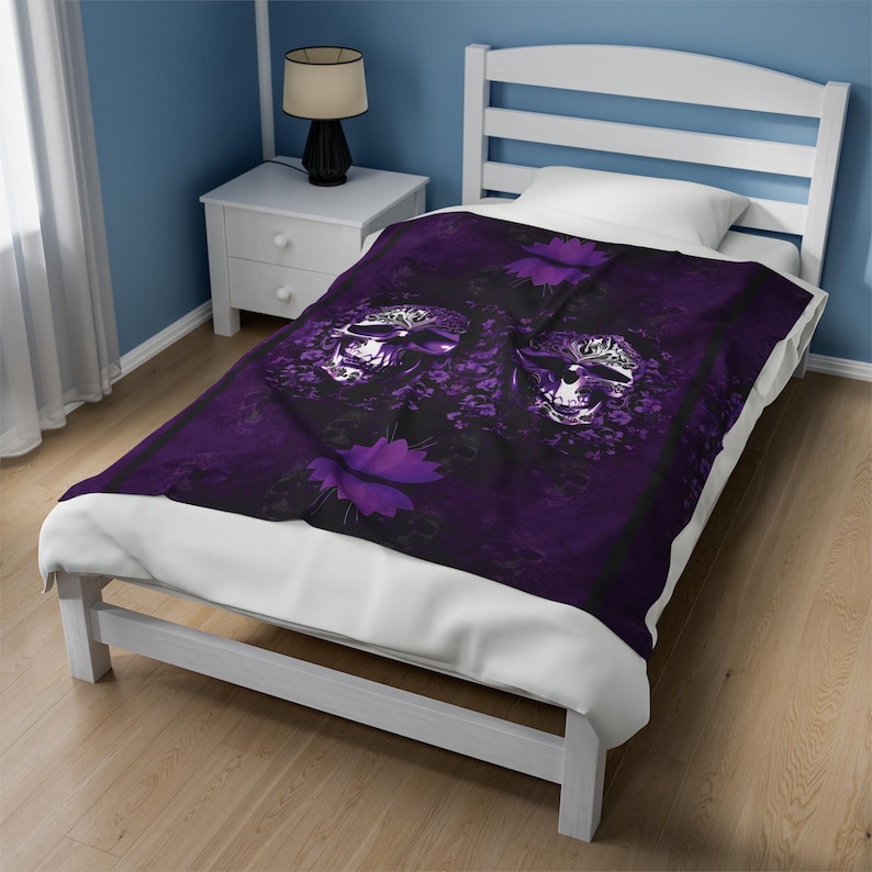 Elegant Gothic Skull Throw Blanket: Purple & Black Velveteen or Sherpa Fleece image 6