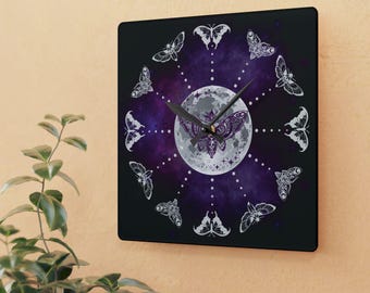 Gothic Lunar Moth Wall Clock — Full Moon Art Print Clock, Whimsigoth Decor