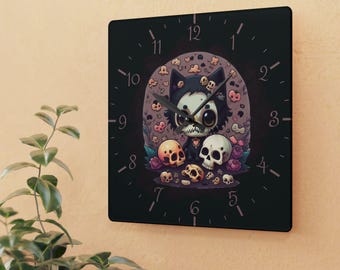 Skull Face Goth Cat Wall Clock — Pastel Goth Art Print Clock