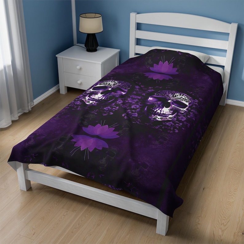 Elegant Gothic Skull Throw Blanket: Purple & Black Velveteen or Sherpa Fleece image 7