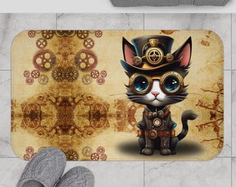 Alfombra de baño Steampunk con diseño de gato: decoración industrial victoriana